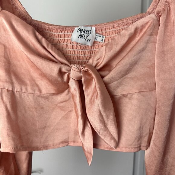 Princess Polly Pink Satin Long Sleeve Crop Top with Bell Sleeves Estee - Picture 12 of 16